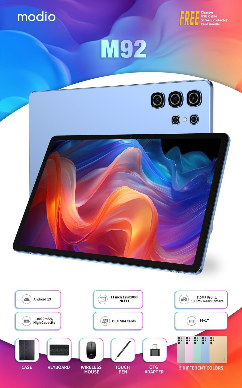 Modio M92 – Tablette PC Android 5G, 16 Go de RAM, 1 To de ROM, écran 11 pouces, batterie 10 000 mAh, clavier sans fil